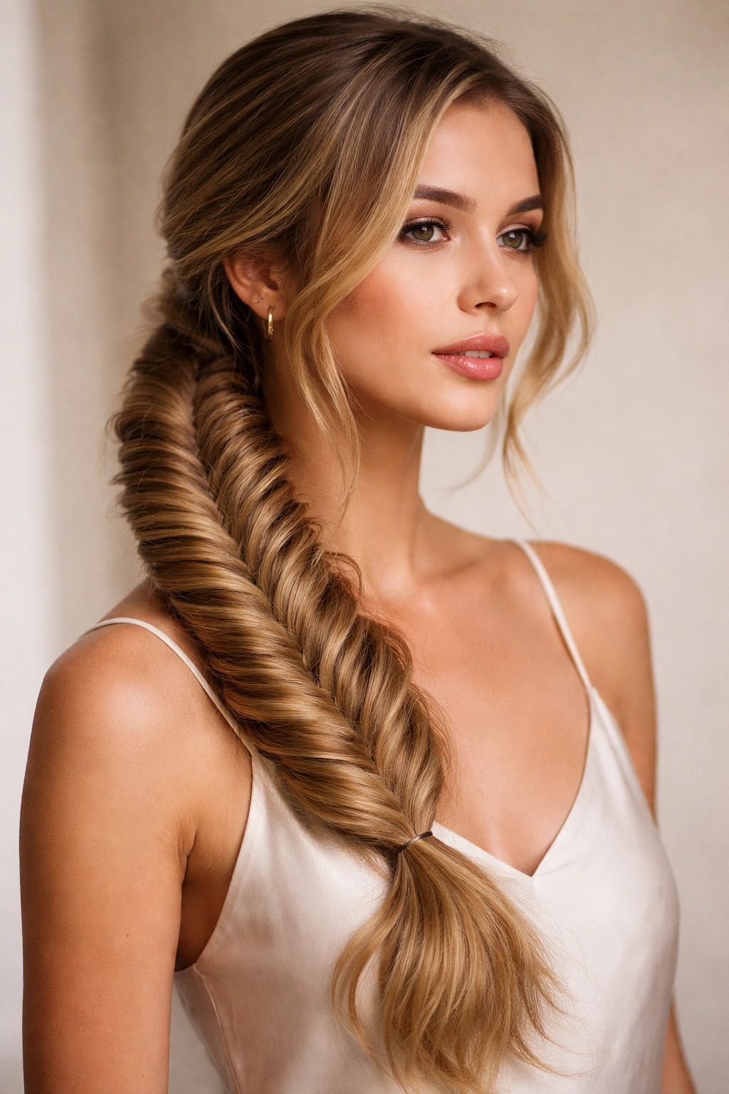 Fishtail braid side ponytail with full, detailed weave