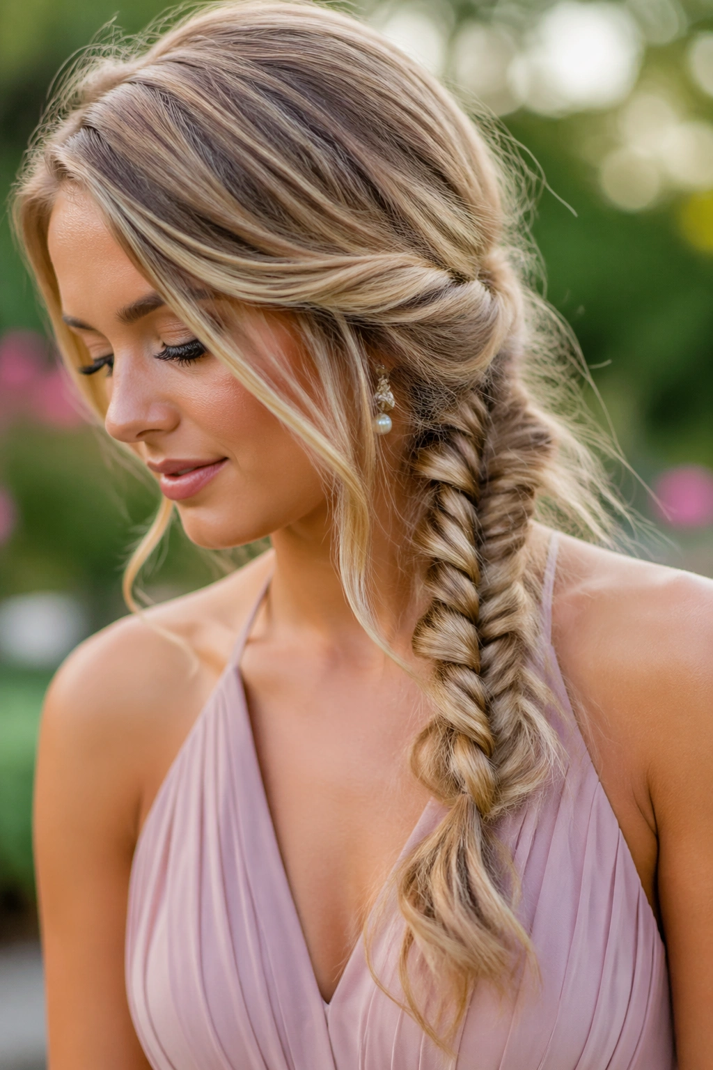 Close-up of fishtail side ponytail with loose, full braid