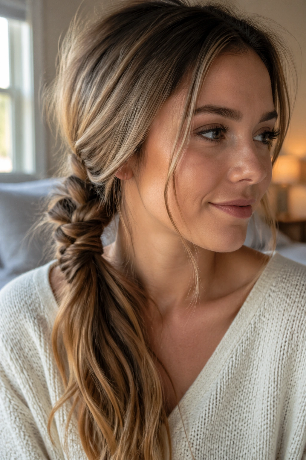 Real woman with a fishtail side ponytail in natural light