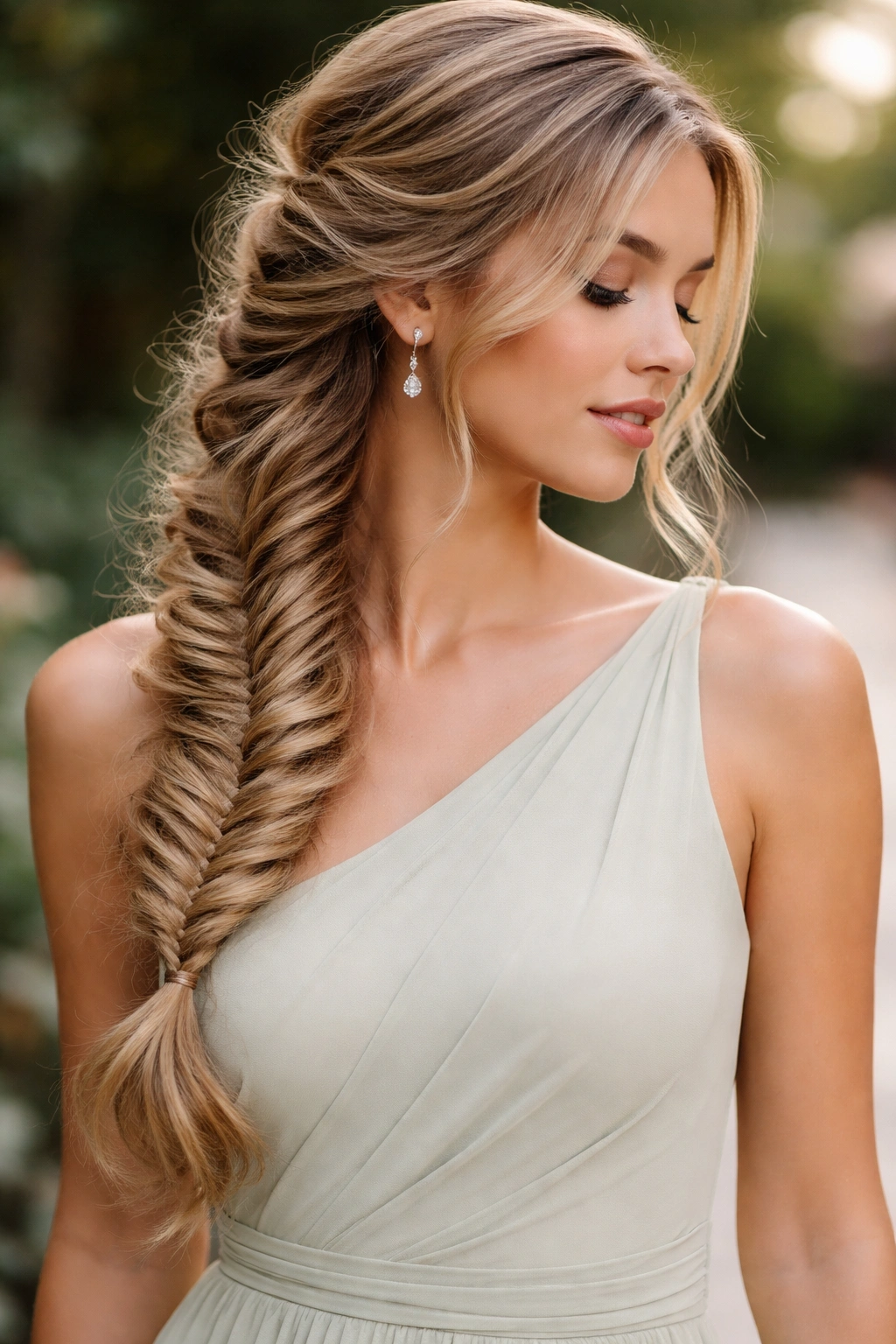 Side-swept fishtail braid draping over shoulder.