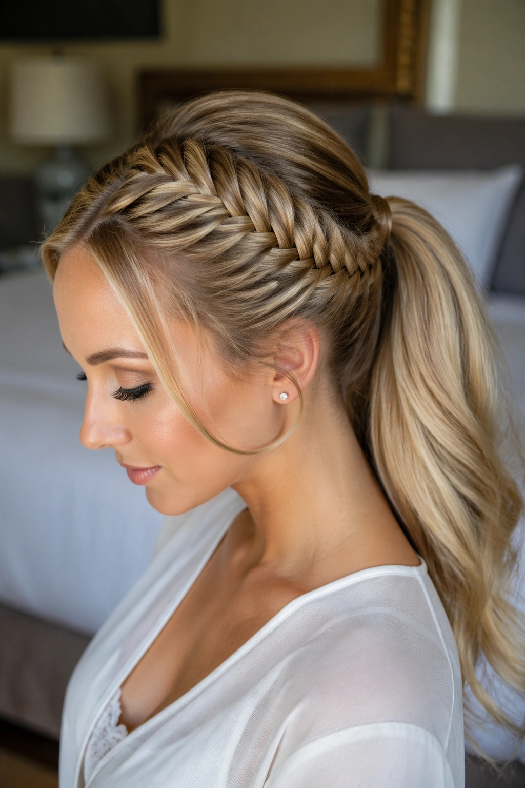 Close-up of a real woman with fishtail braid swoop and ponytail