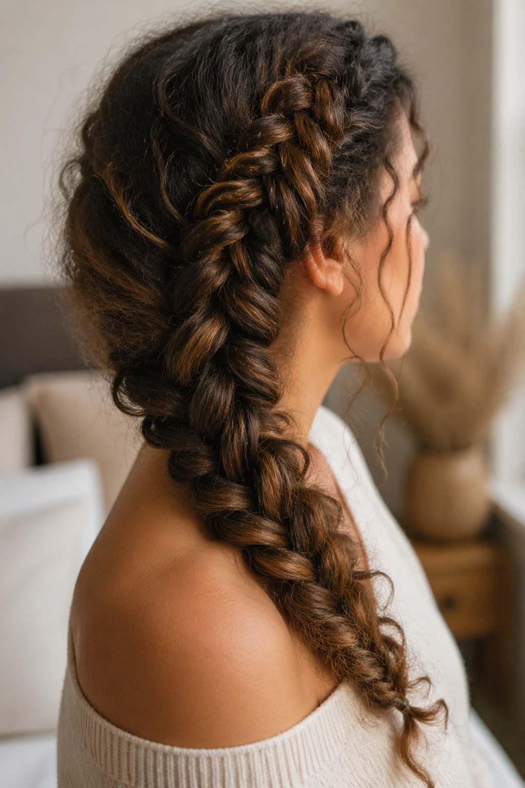 Close-up of fishtail braid with fluffed texture on a real person
