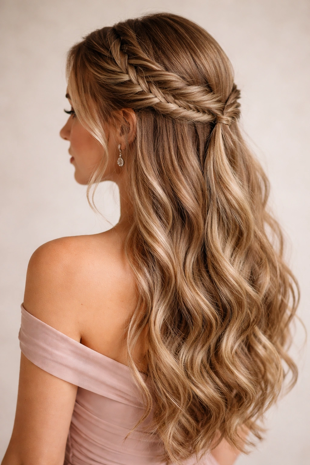 Bridesmaid with fishtail braids and soft waves