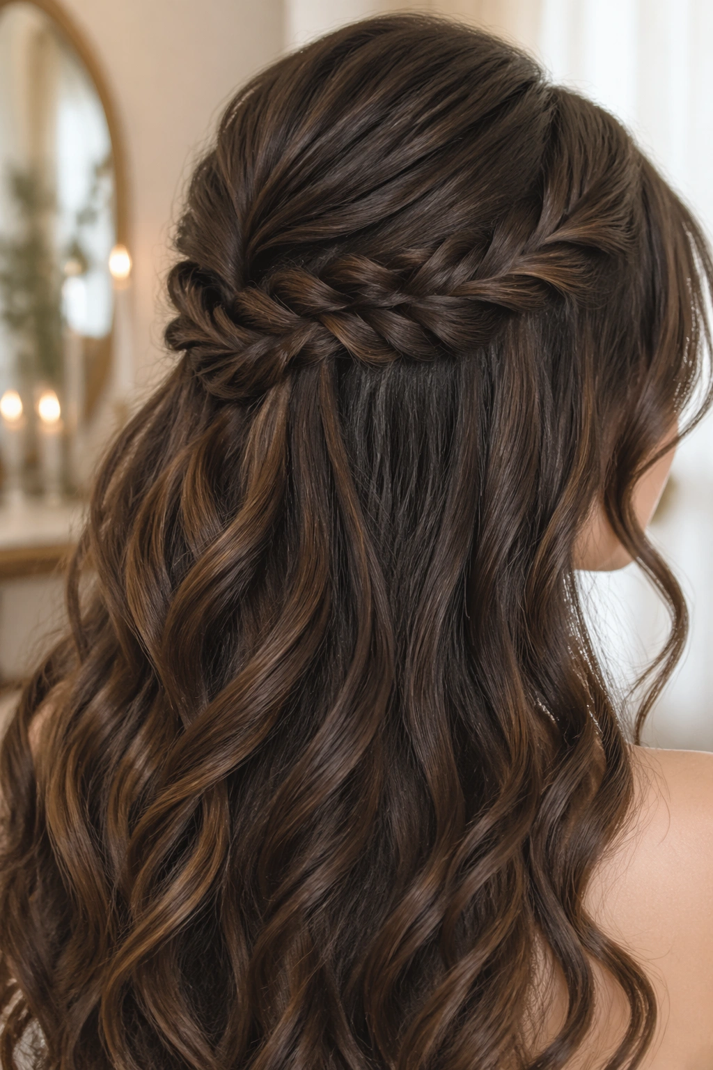Close-up of brunette fishtail braid with loose waves.