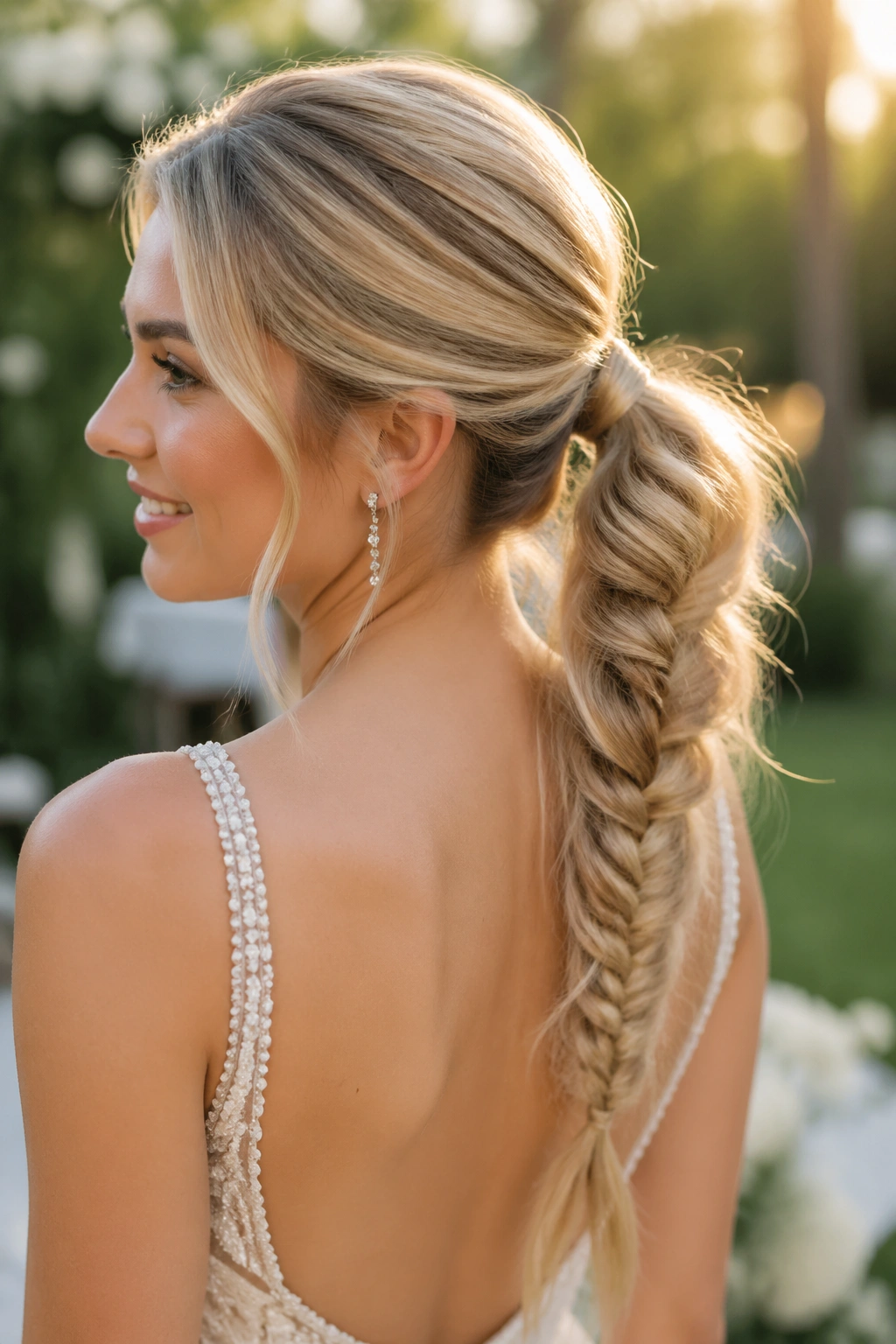 Close-up of a real woman with Fishtail-Braided Ponytail in garden setting