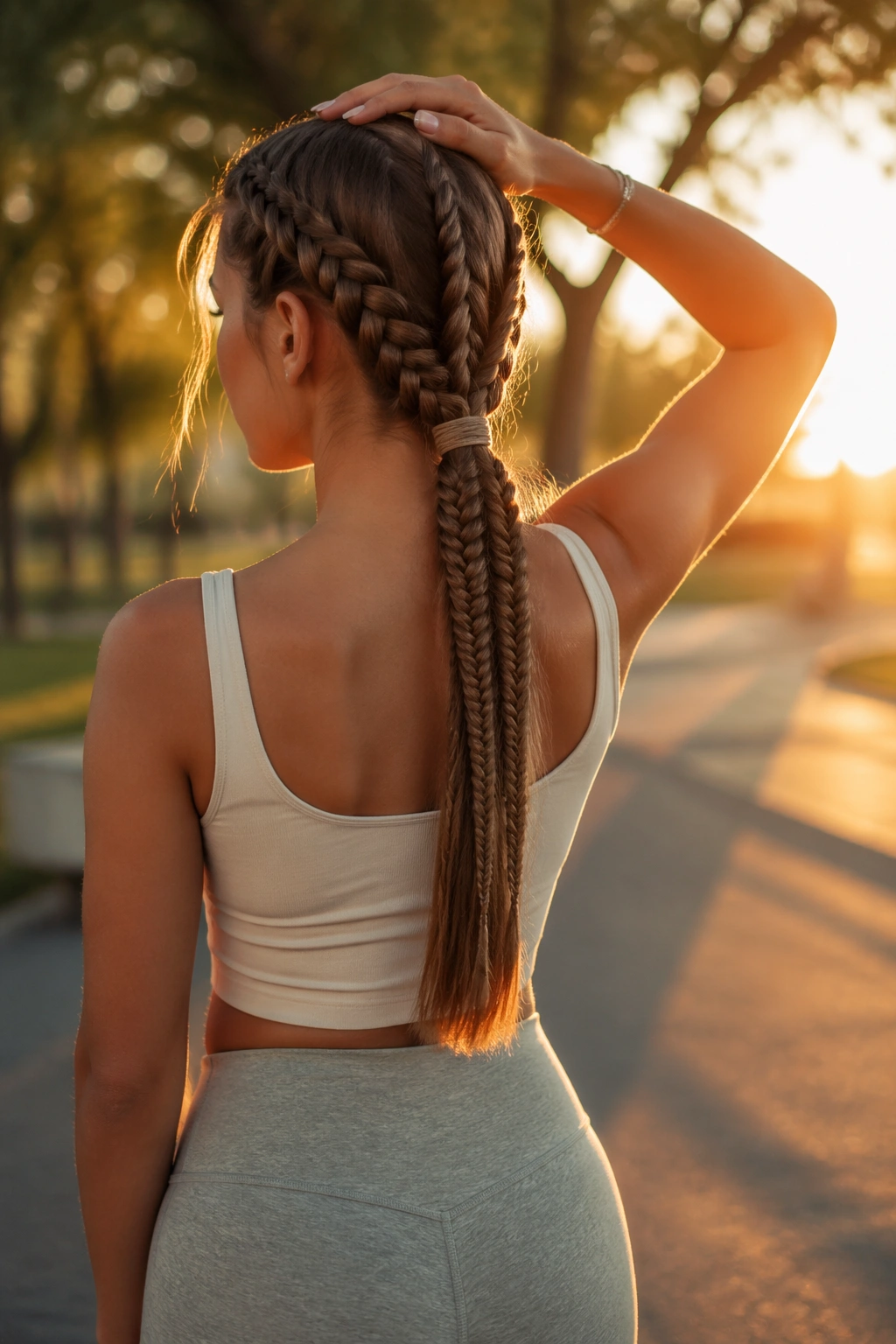 Fishtail double braided ponytail in golden-hour outdoor setting.