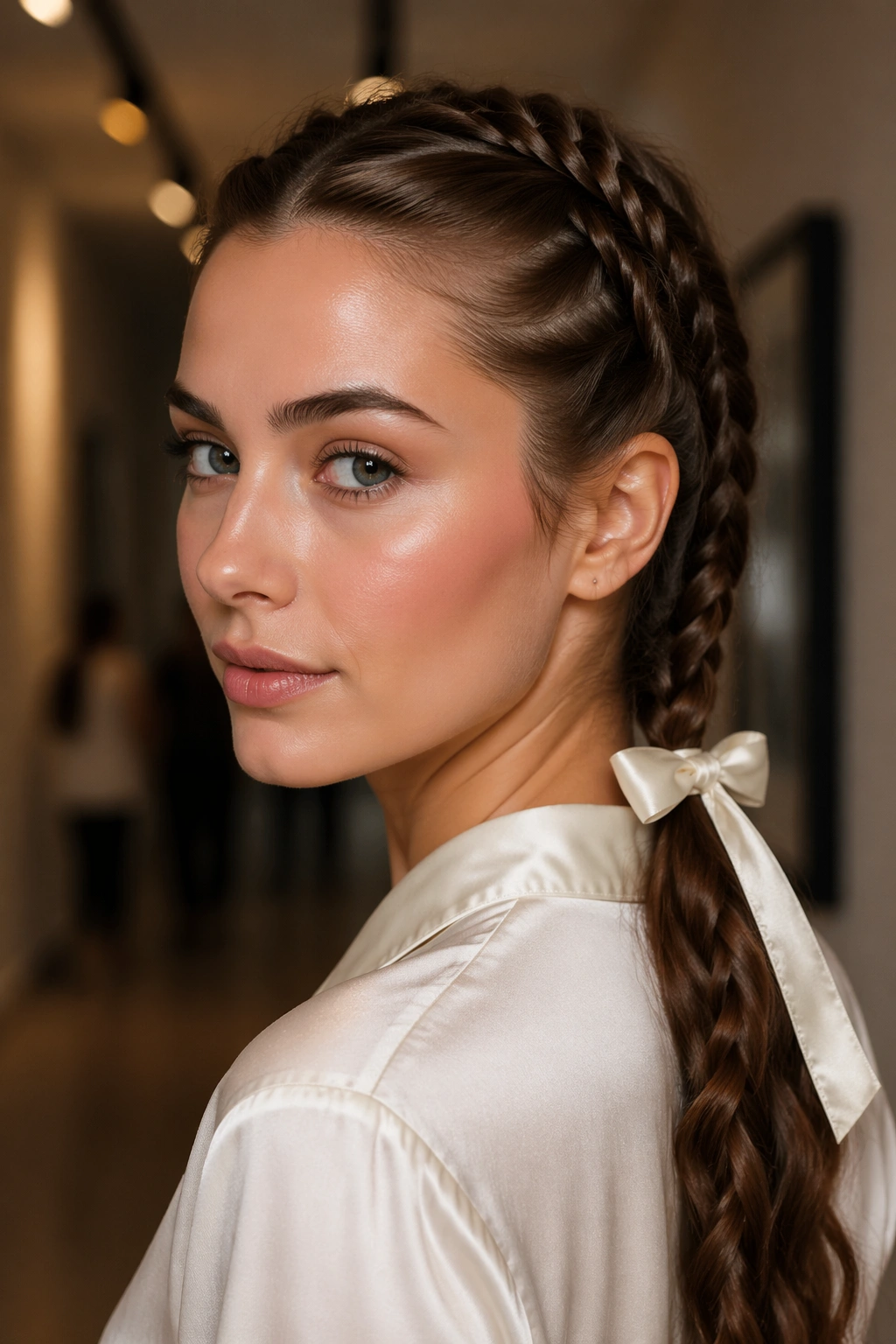 Fishtail double braids tied with a satin ribbon into a ponytail on a real person