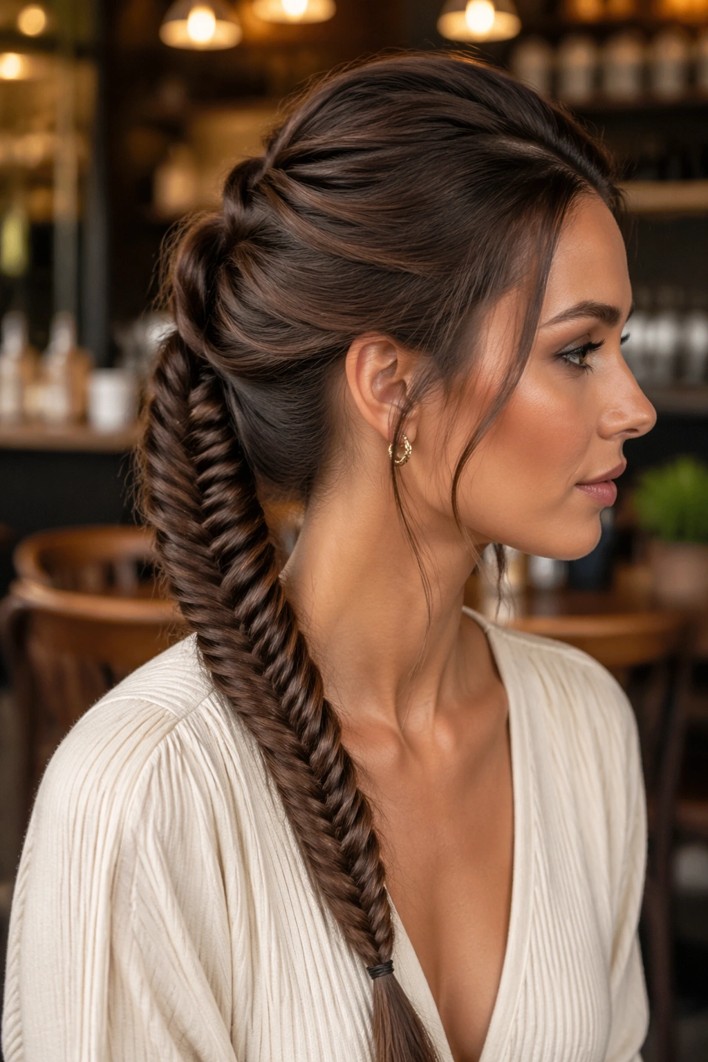 Real person with brown fishtail braided ponytail in cafe setting