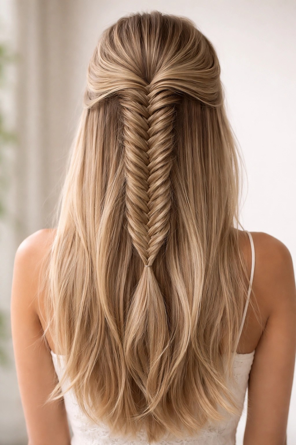 Close-up of a center-piece fishtail braid in a half-up hairstyle