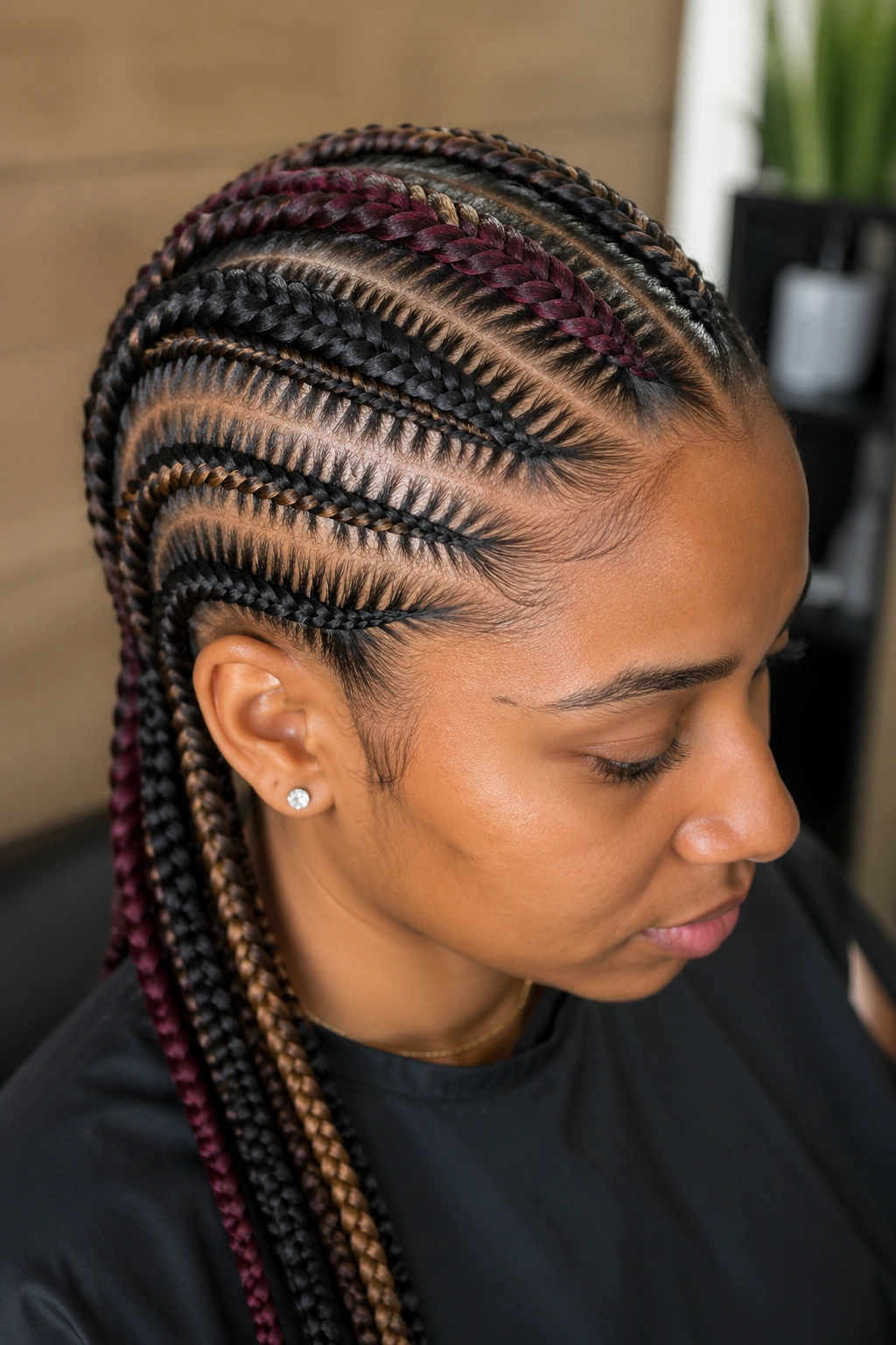Close-up of a real person with fishtail cornrows showing color highlights and asymmetrical colored braids