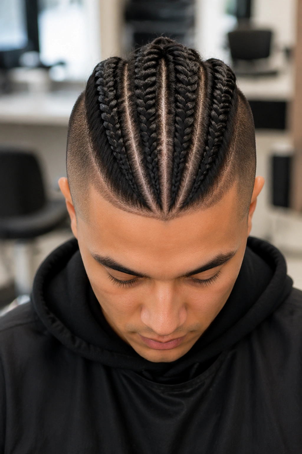 Close-up of a real person with a fishtail cornrow mohawk and shaved sides