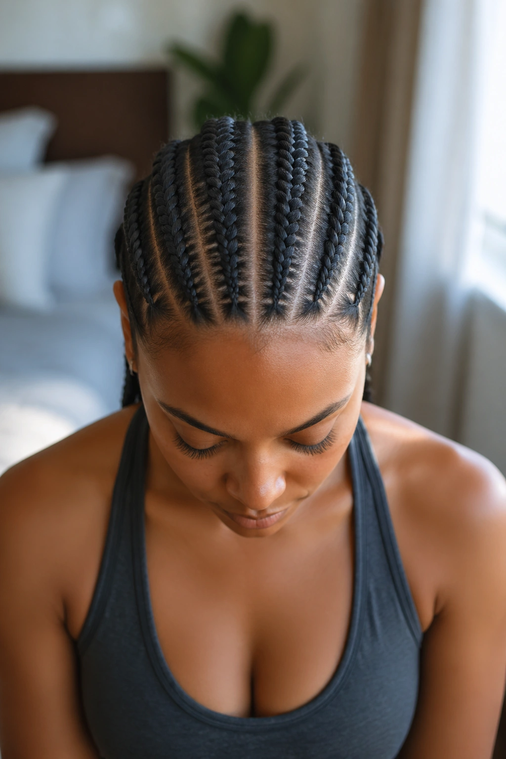 Close-up of a real woman's fishtail cornrows with a center part