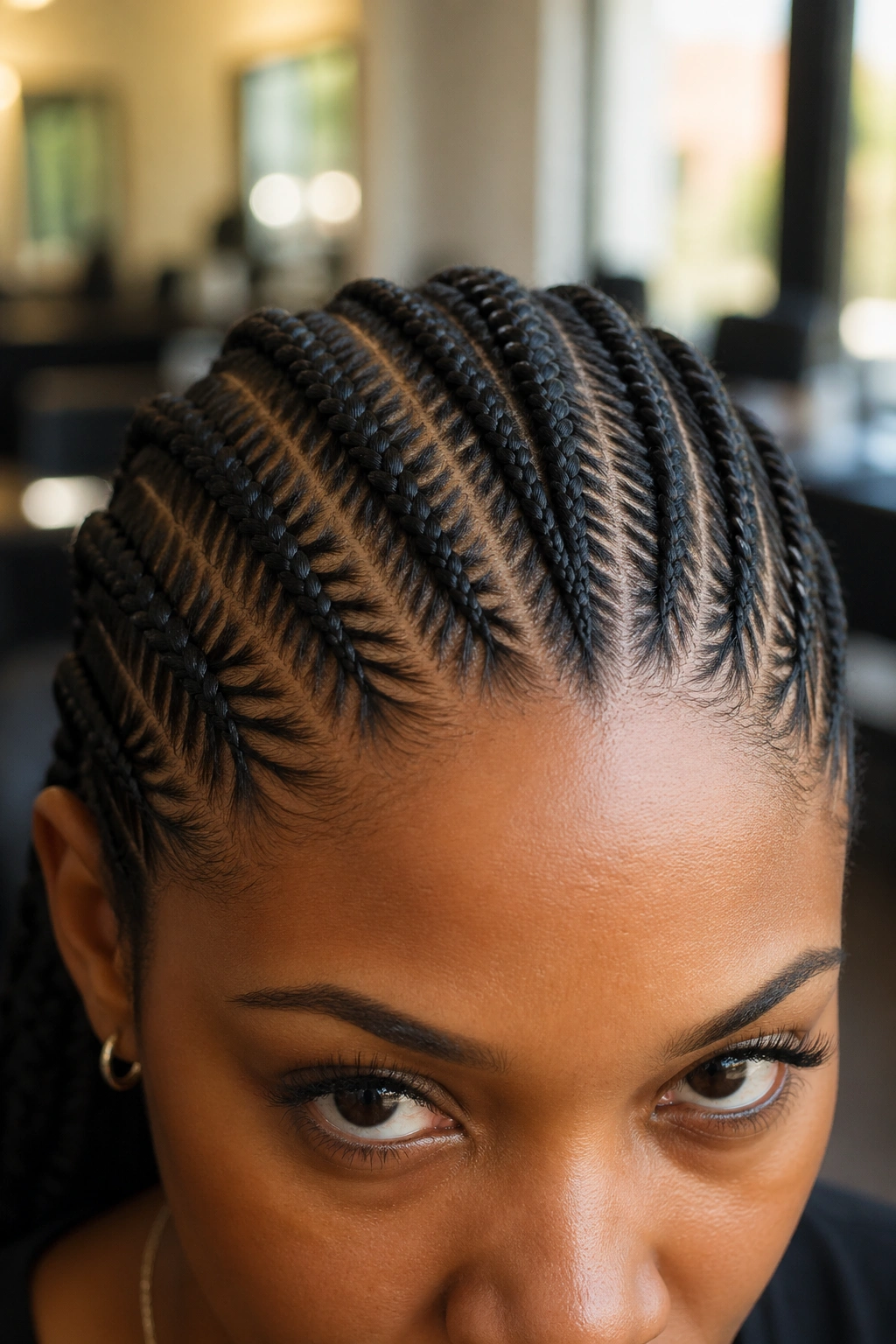 Close-up of a real person with dense, textured fishtail cornrows along the scalp in a salon setting