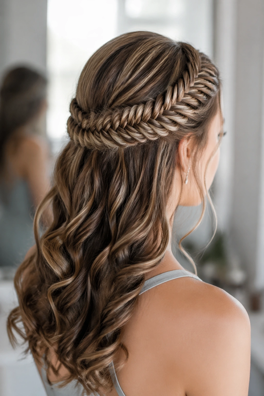 Close-up of a real woman's head with a fishtail crown braid