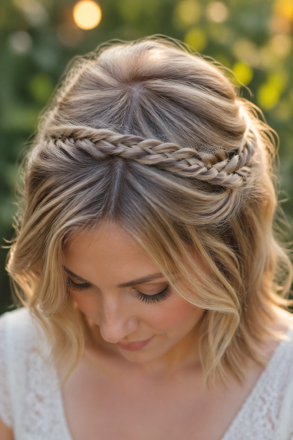 Close-up of a slim fishtail crown braid with soft waves on a real person.