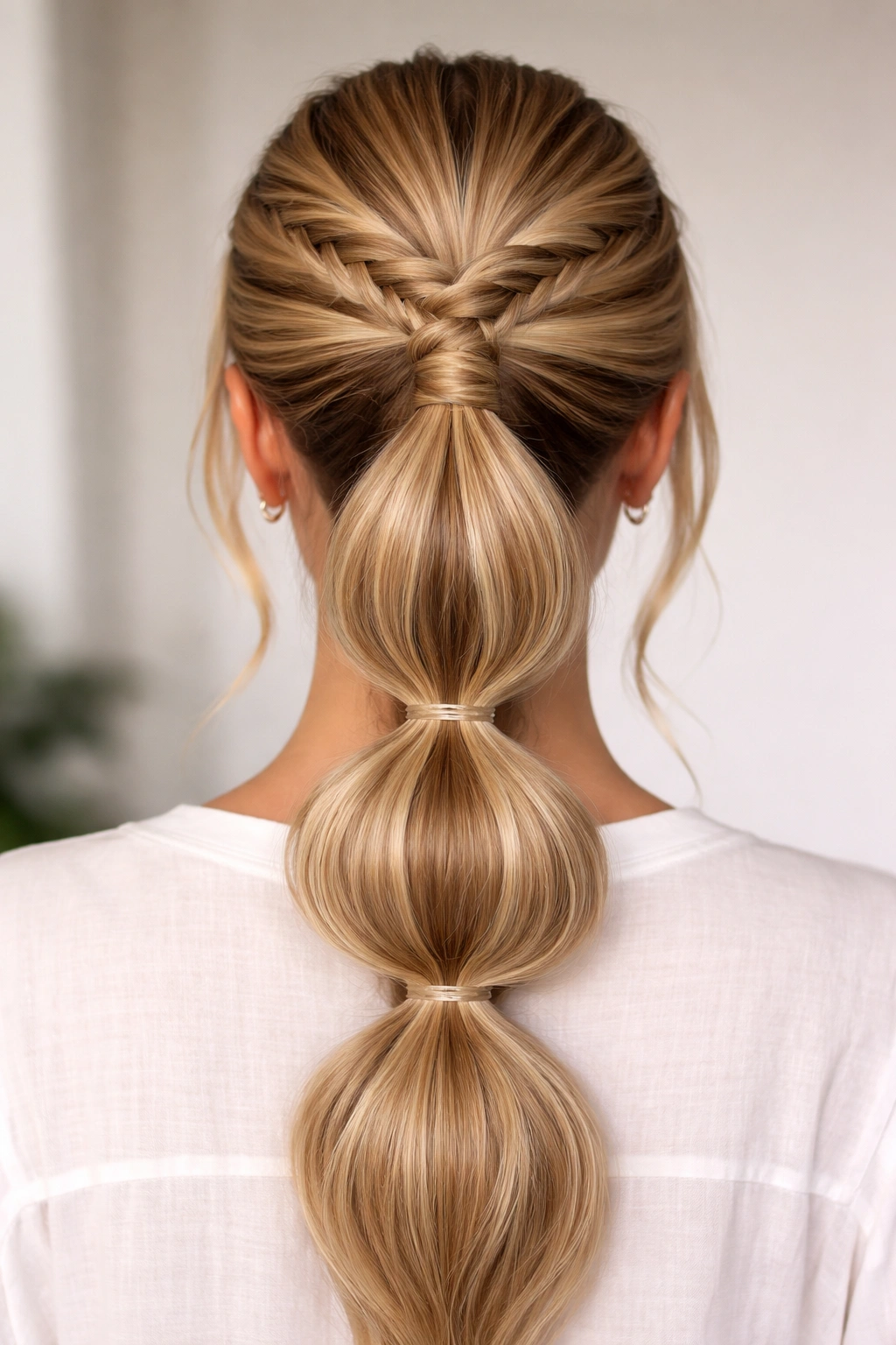 Front close-up of fishtail crown low bubble braid ponytail with medium bubbles