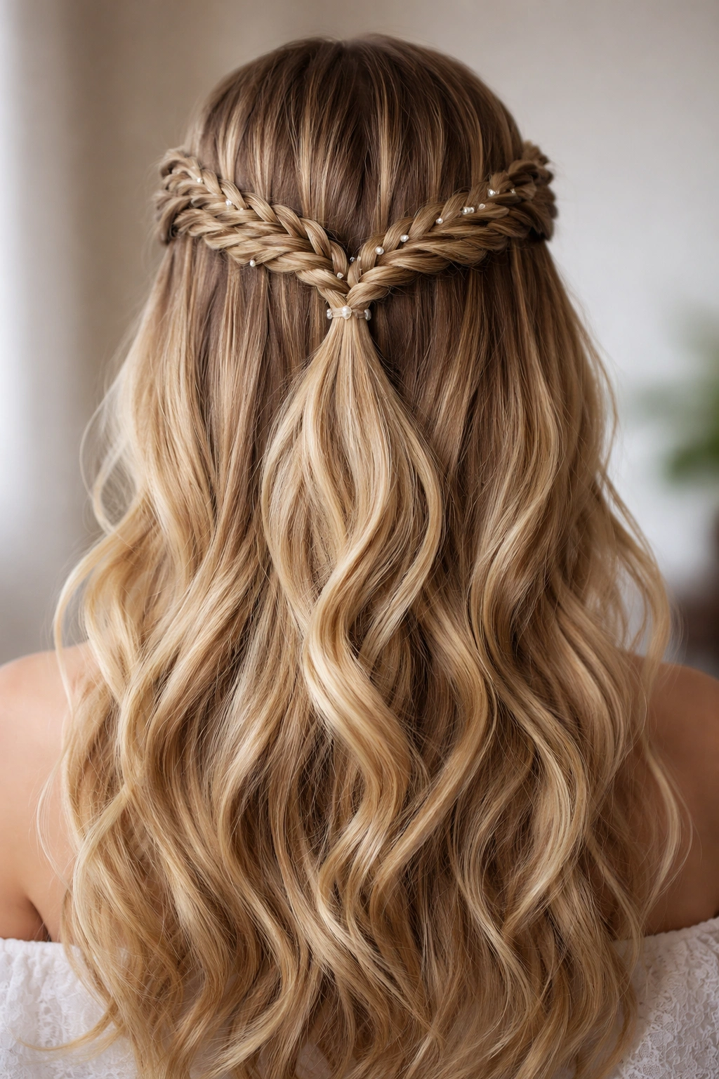 Fishtail crown with two braids meeting at the back