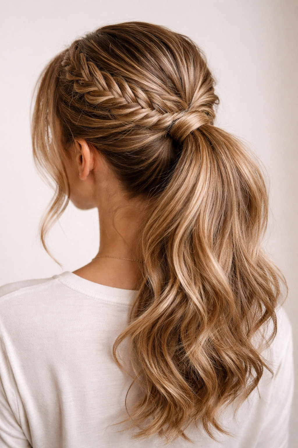 Fishtail braid crown resting along the top of the head connected to a ponytail.