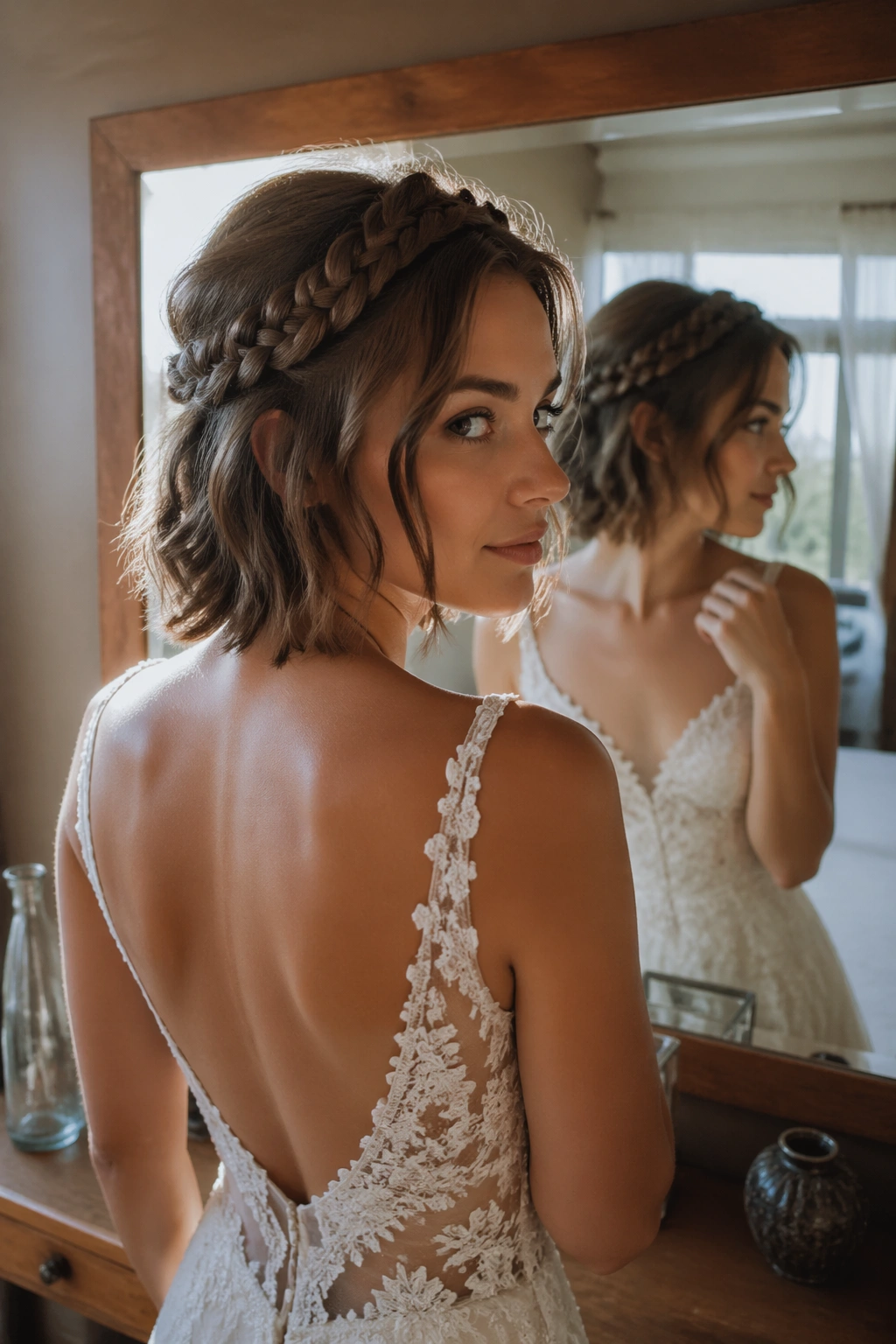 Over-the-shoulder view of boho fishtail crown on short hair in warm bedroom light.
