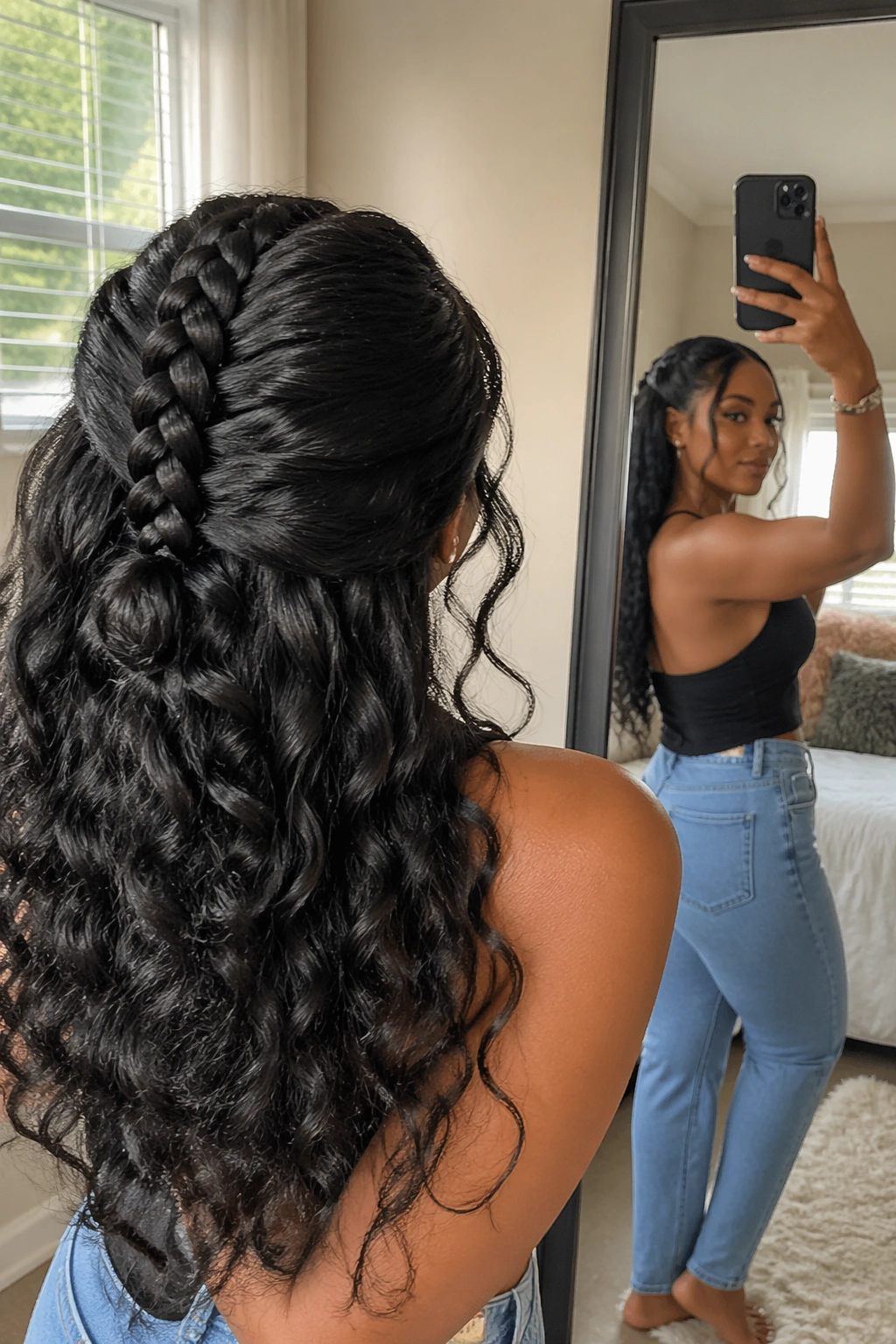 Over-the-shoulder selfie showing fishtail braid on curly wig
