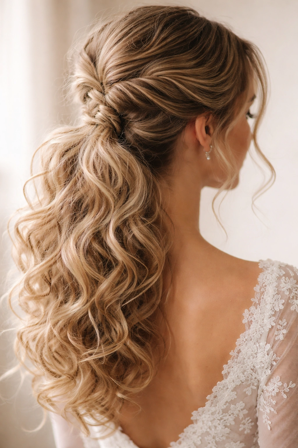 Curly ponytail with a soft fishtail accent at the crown.