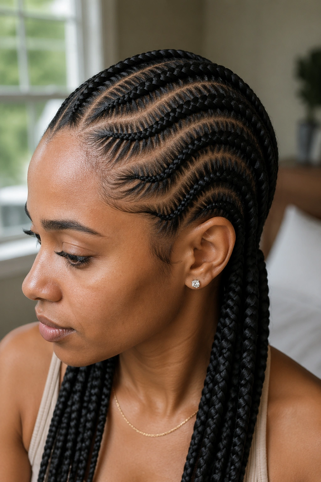 Close-up of a real person with fishtail cornrows featuring curved parts along the scalp