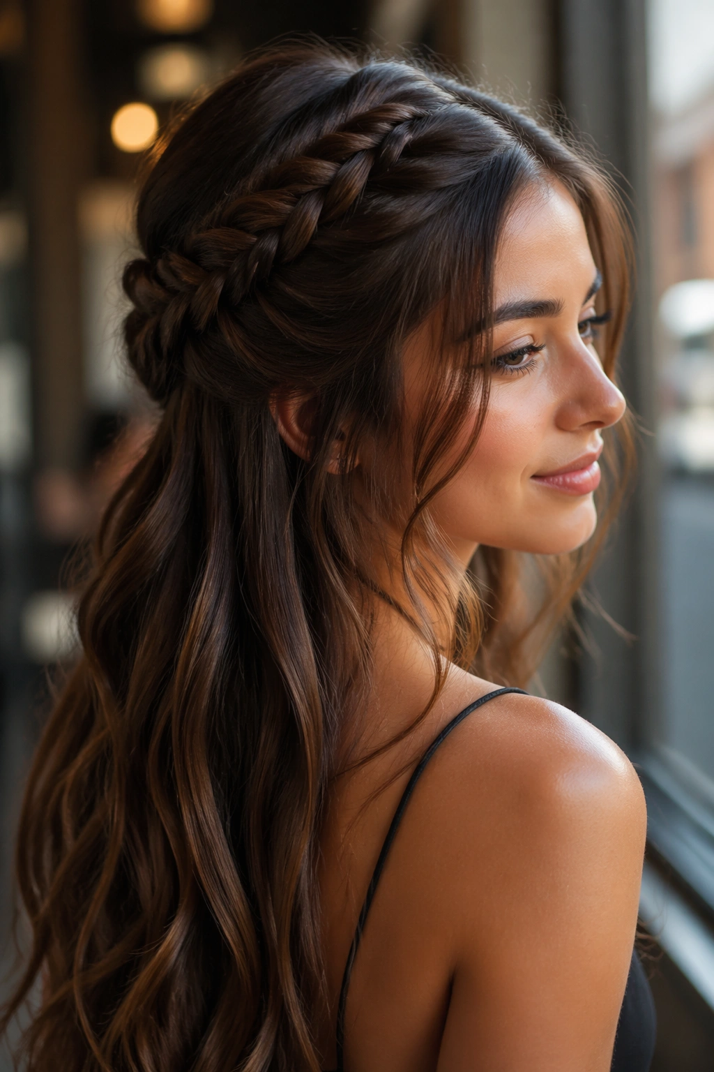 Close-up of fishtail half-up braid on a real person with loose flowing hair