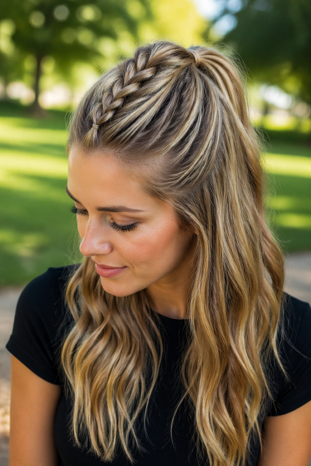 Close-up of a real person with a fishtail half up ponytail
