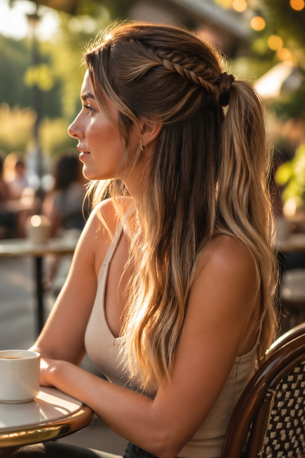Side profile of fishtail half-up ponytail at a cafe during golden hour.