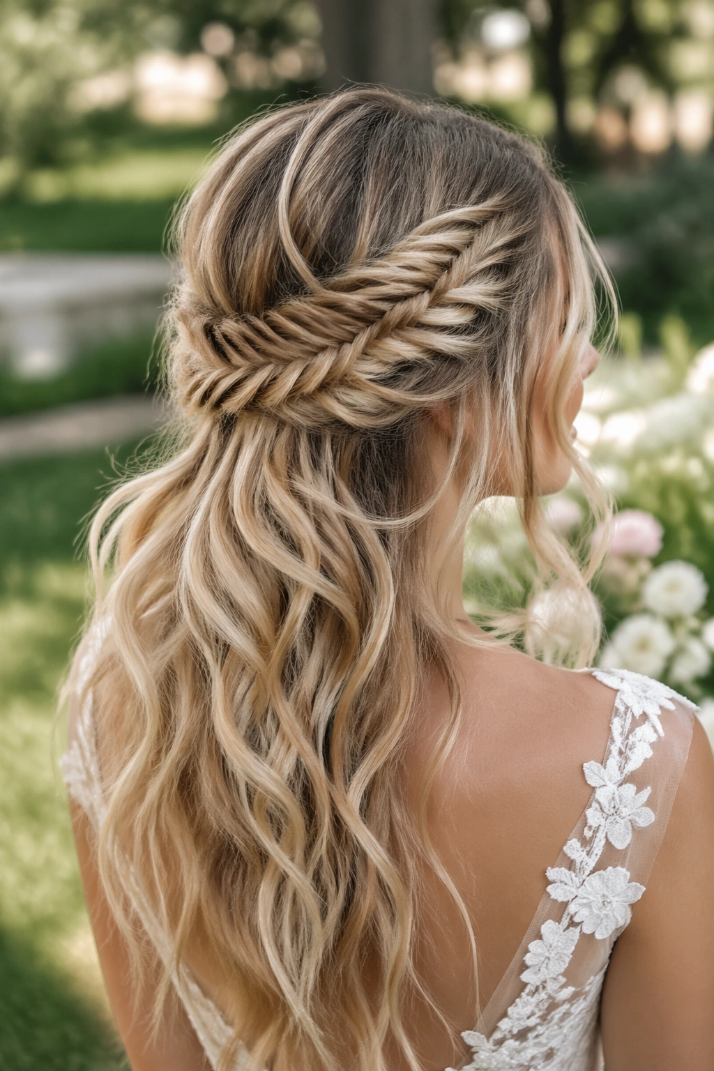 Close-up of a real bride with a boho fishtail half-up hairstyle