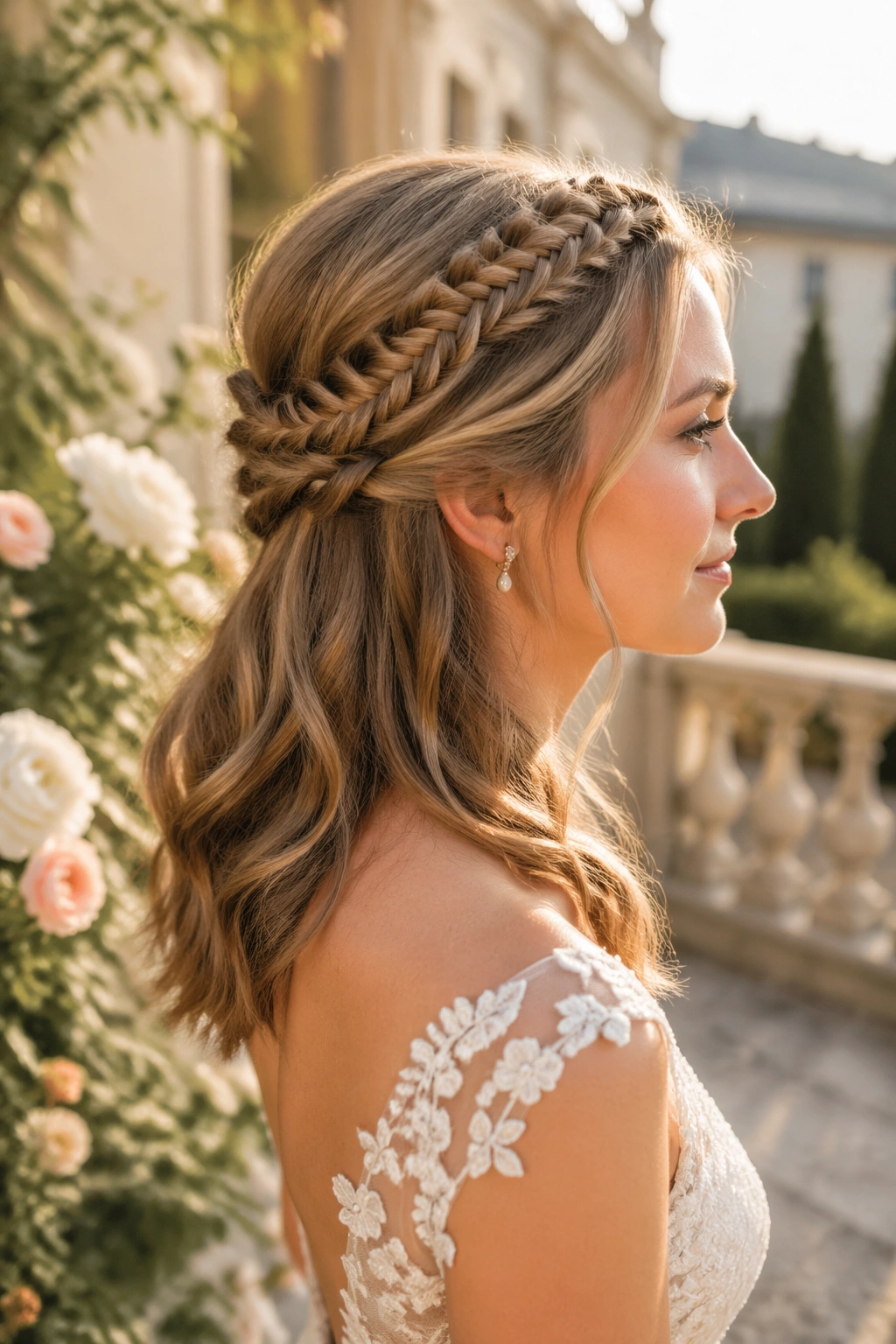 Side profile of fishtail halo half-up in golden hour garden.