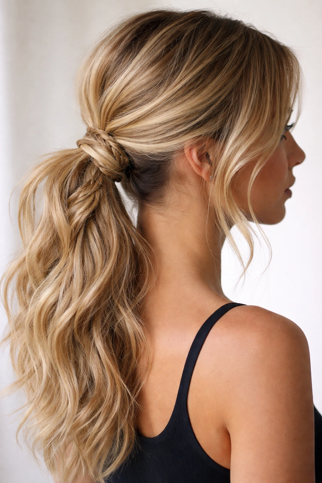 Mid-low pony with a small fishtail braid wrapped around the base