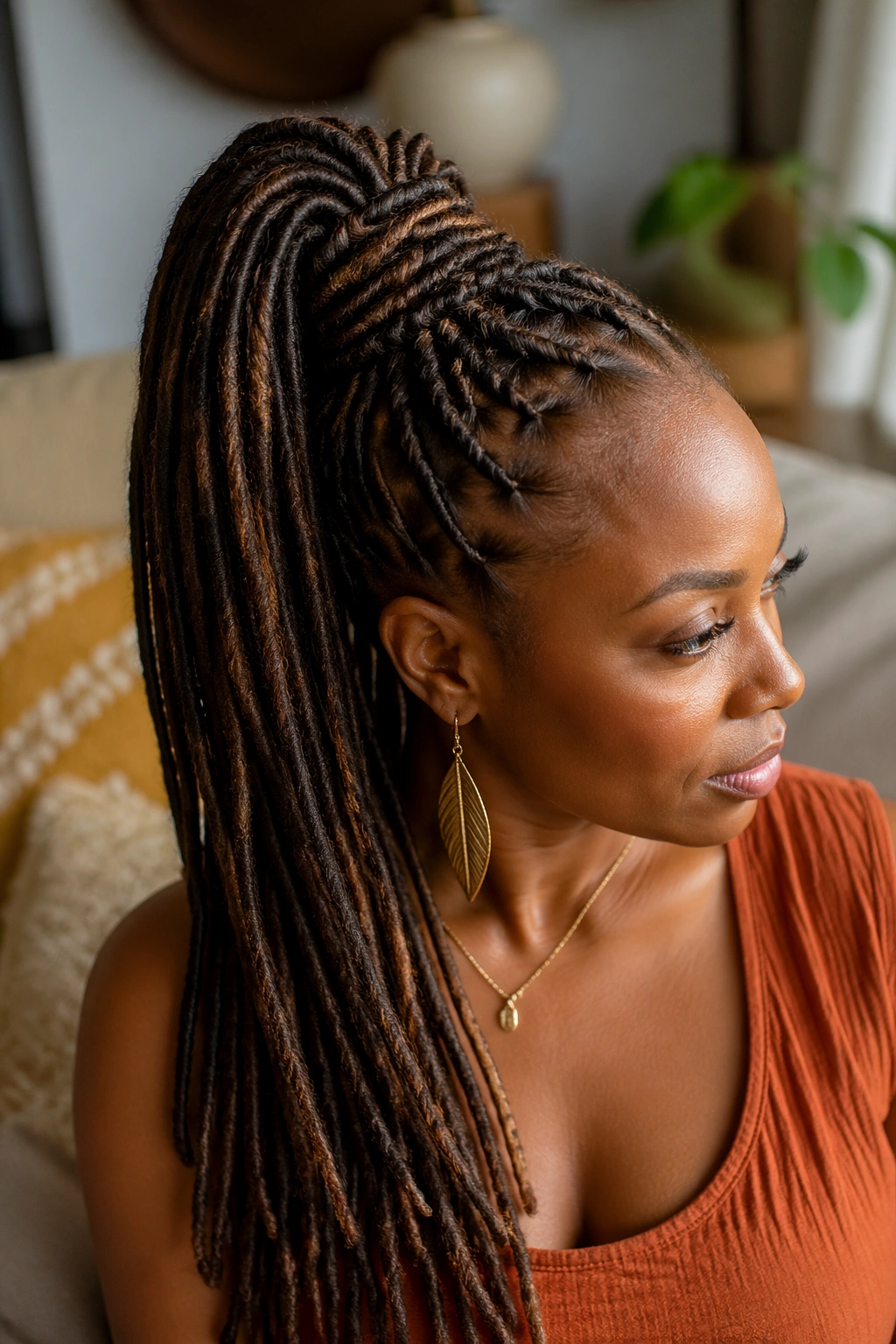 Close-up of a real woman with a fishtail-laced ponytail near the base