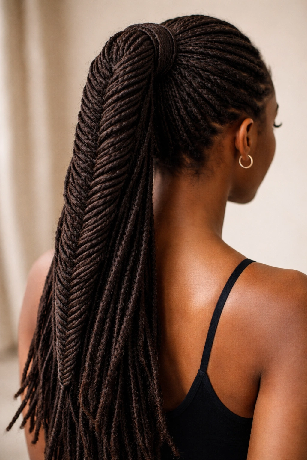 Close-up of locs in an intricate fishtail braid ponytail