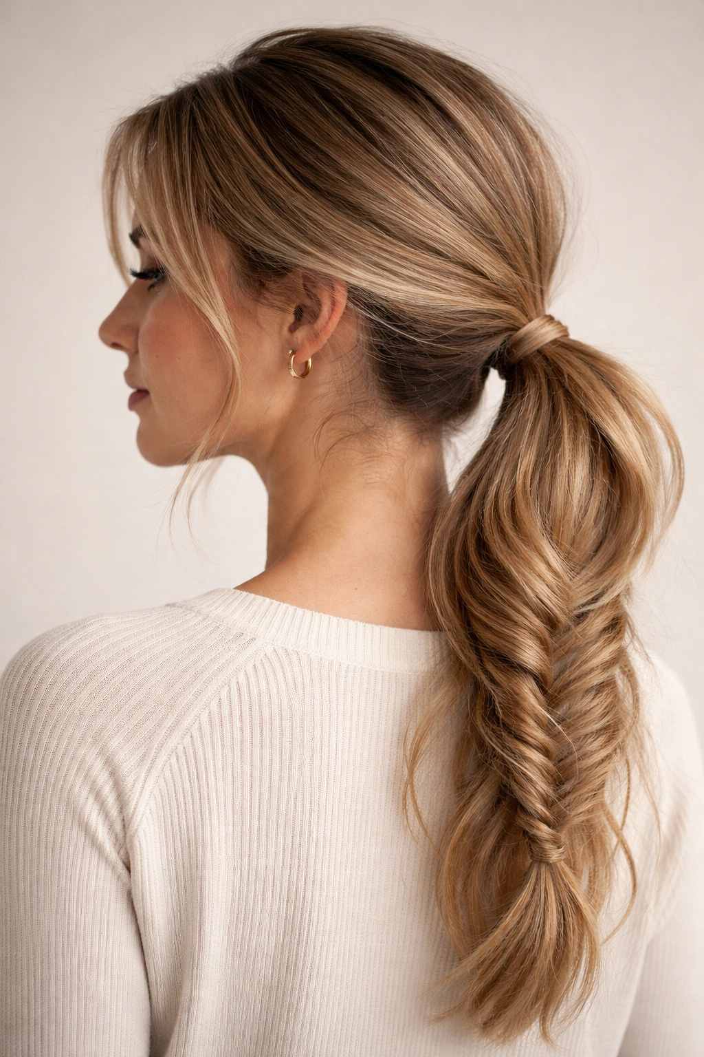 Fishtail low ponytail with a softly textured braid at the base