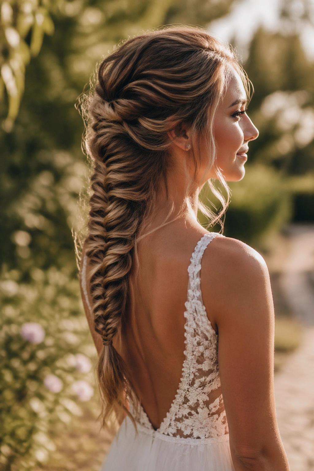 Side profile of pancake fishtail braid with loose texture
