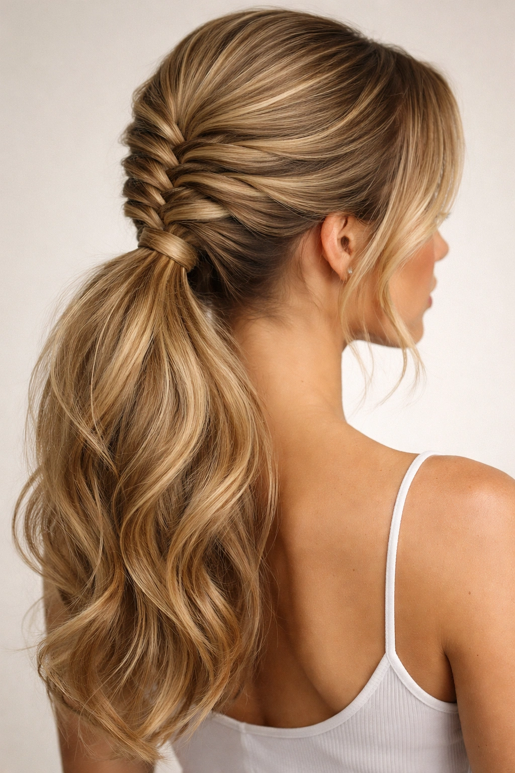 Loosely braided fishtail pancake adds fullness to a ponytail