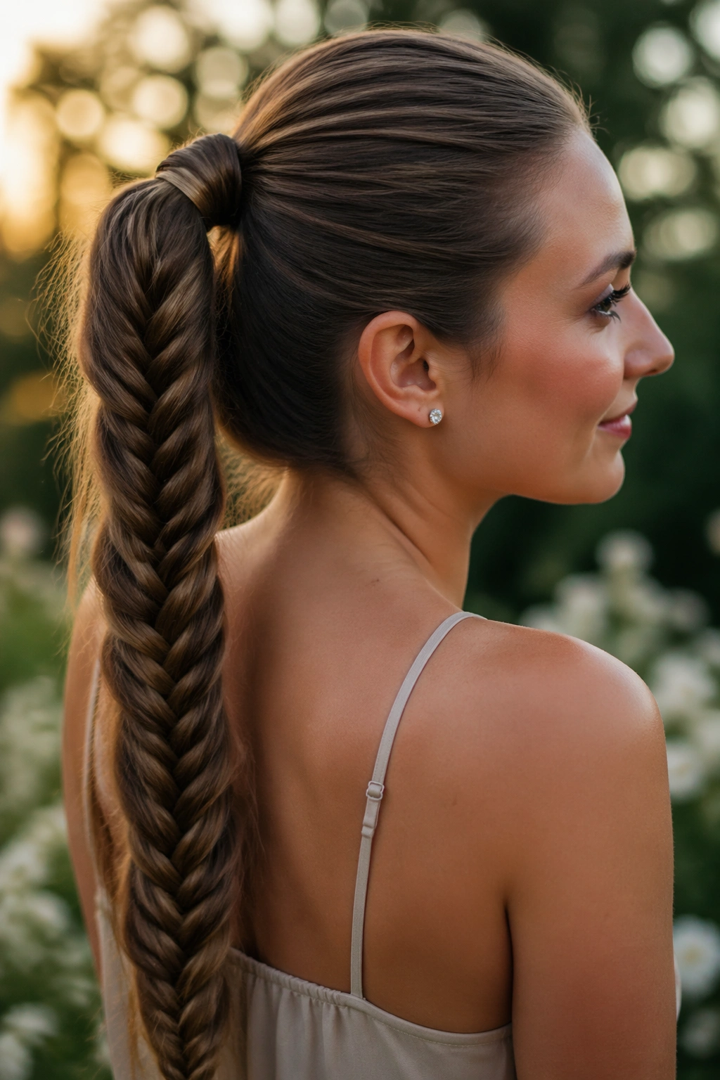 Portrait of a woman with a fishtail braid ponytail in golden hour light