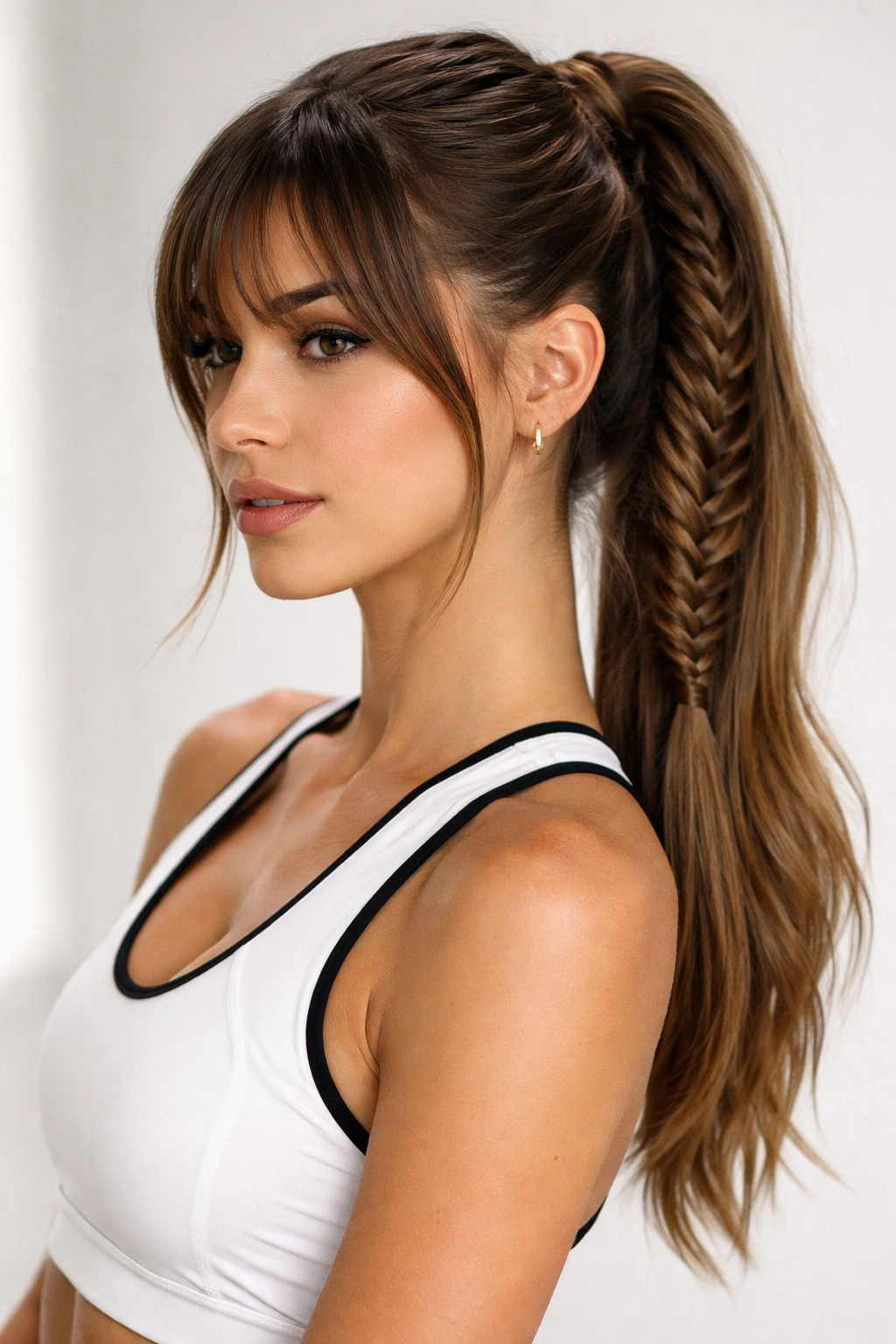Close-up of a sporty-sleek fishtail ponytail with long bangs in a studio