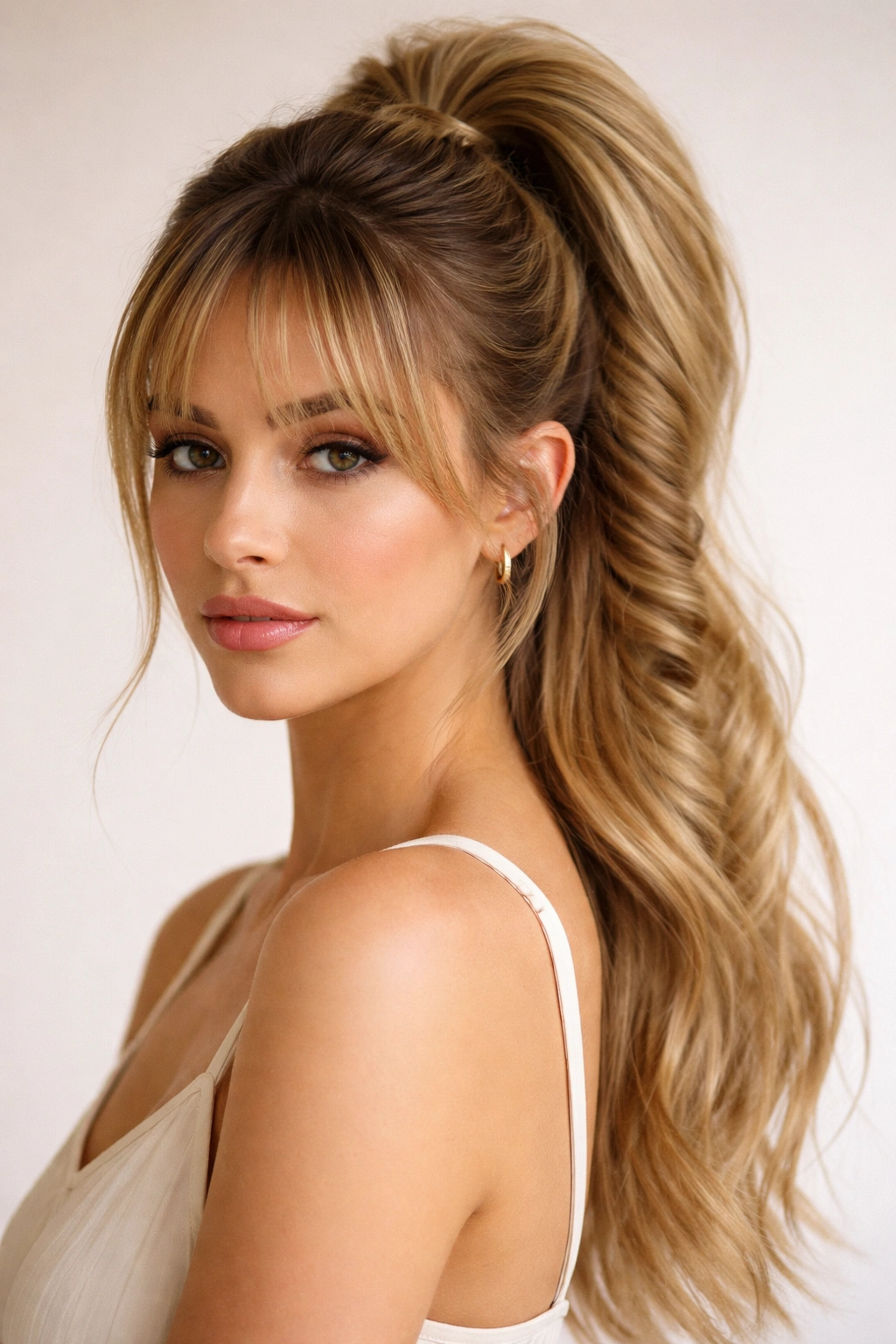 High fishtail ponytail with bottleneck bangs framing the face.