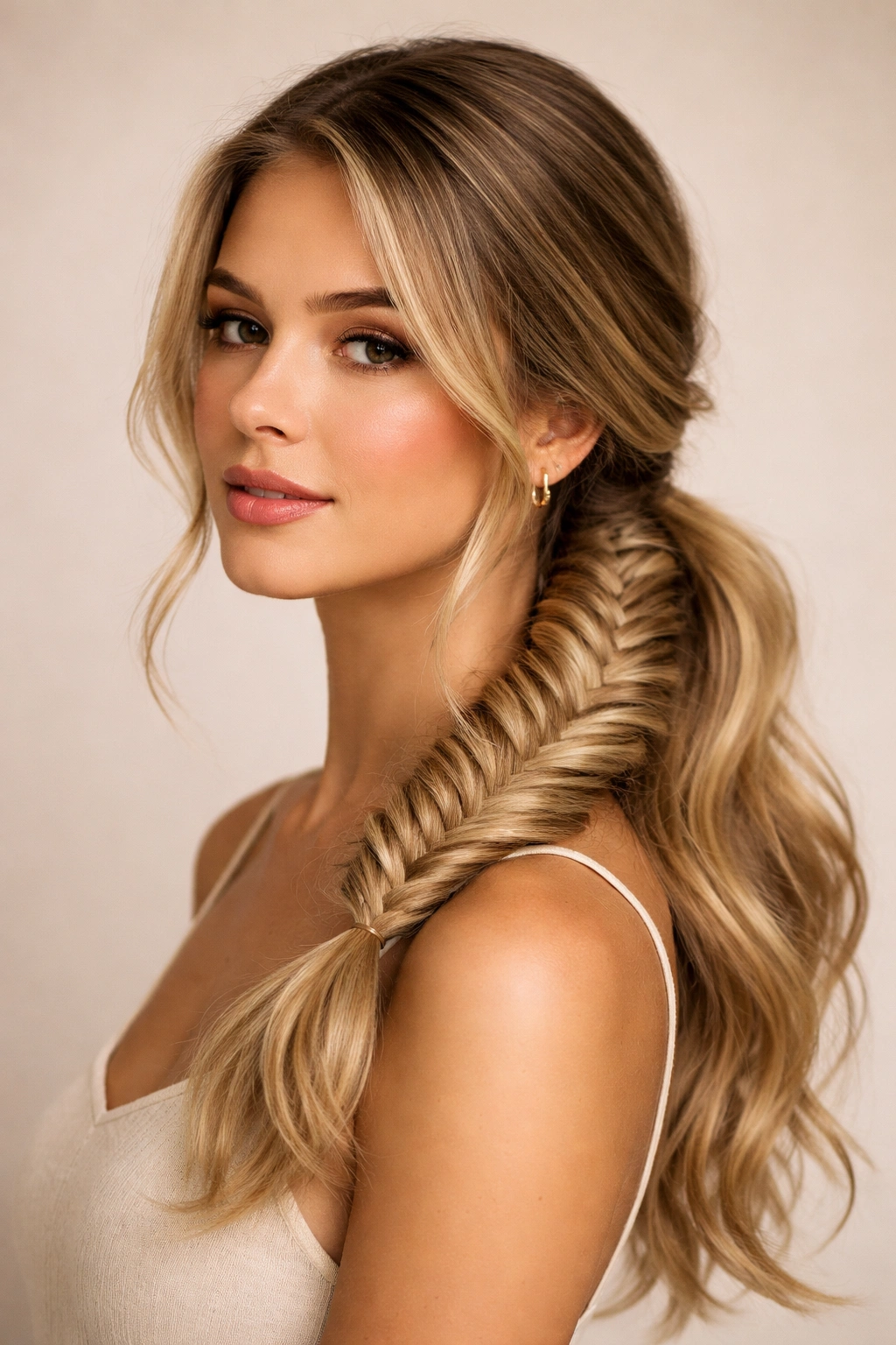 Fishtail braided side ponytail with detailed weave