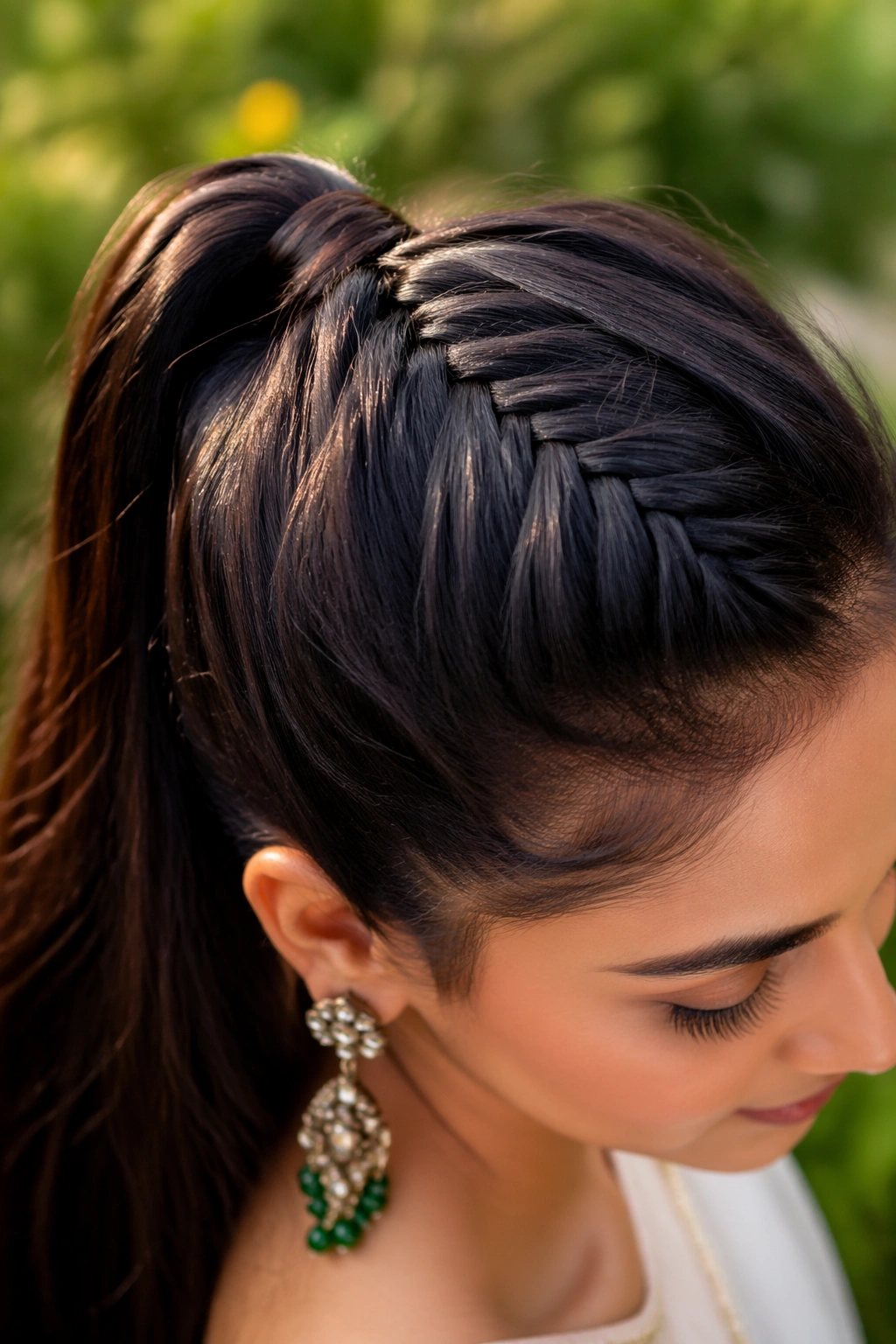 Real woman with a fishtail braid integrated into a high ponytail outdoors
