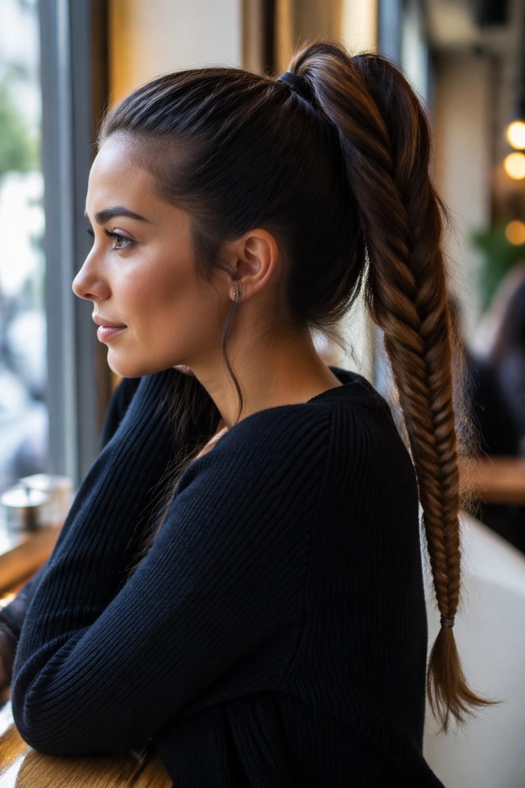 Close-up of a real woman's high ponytail with a loose fishtail braid.