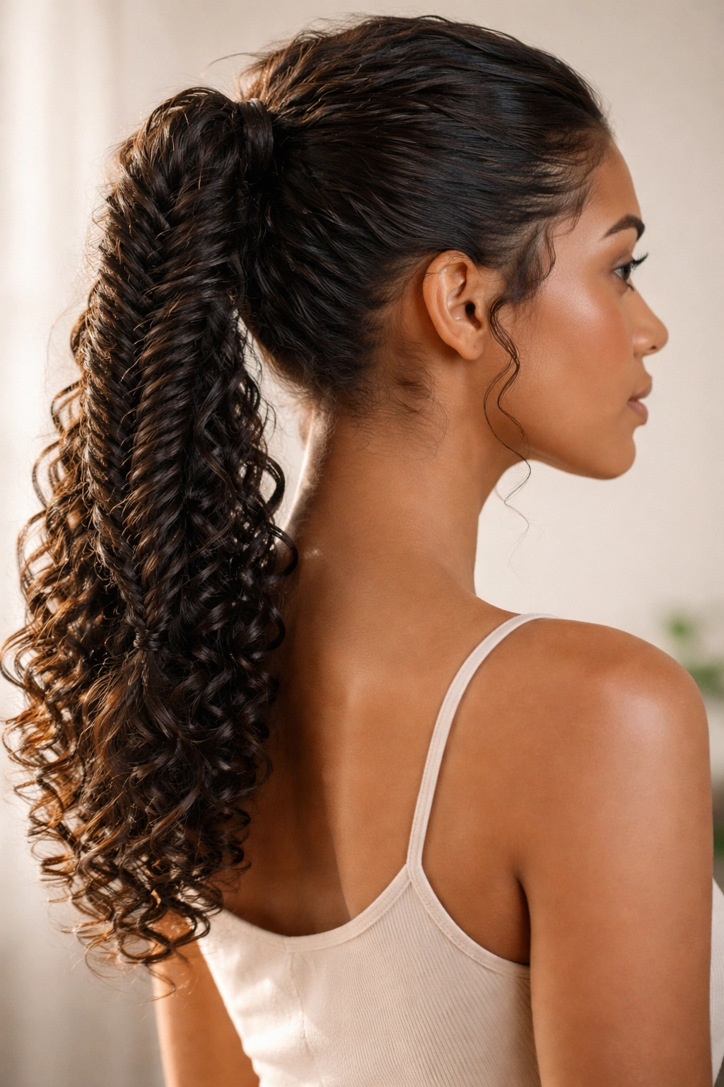 Side view of fishtail braided ponytail on curly hair