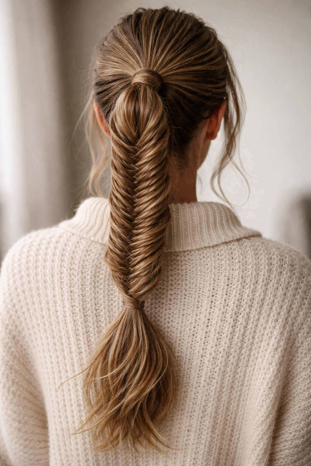 Fishtail braid ponytail showing woven texture