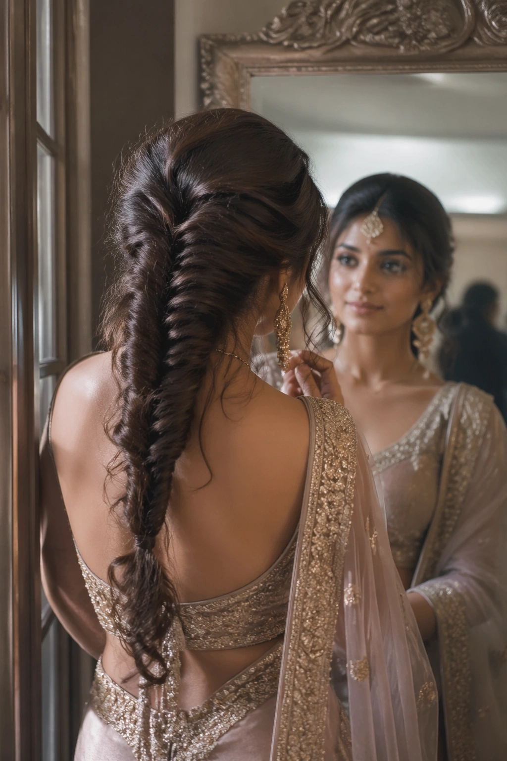 Over-the-shoulder fishtail ponytail with loose ends in bridal suite
