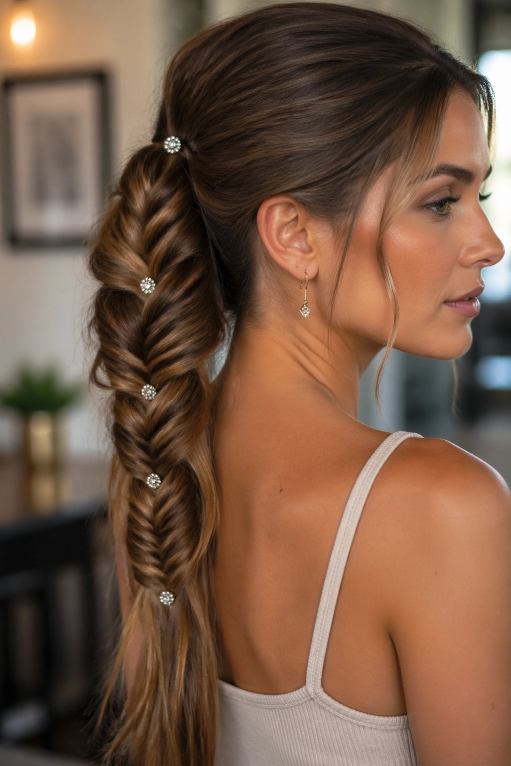 Close-up of fishtail ponytail with spaced crystals on a real person