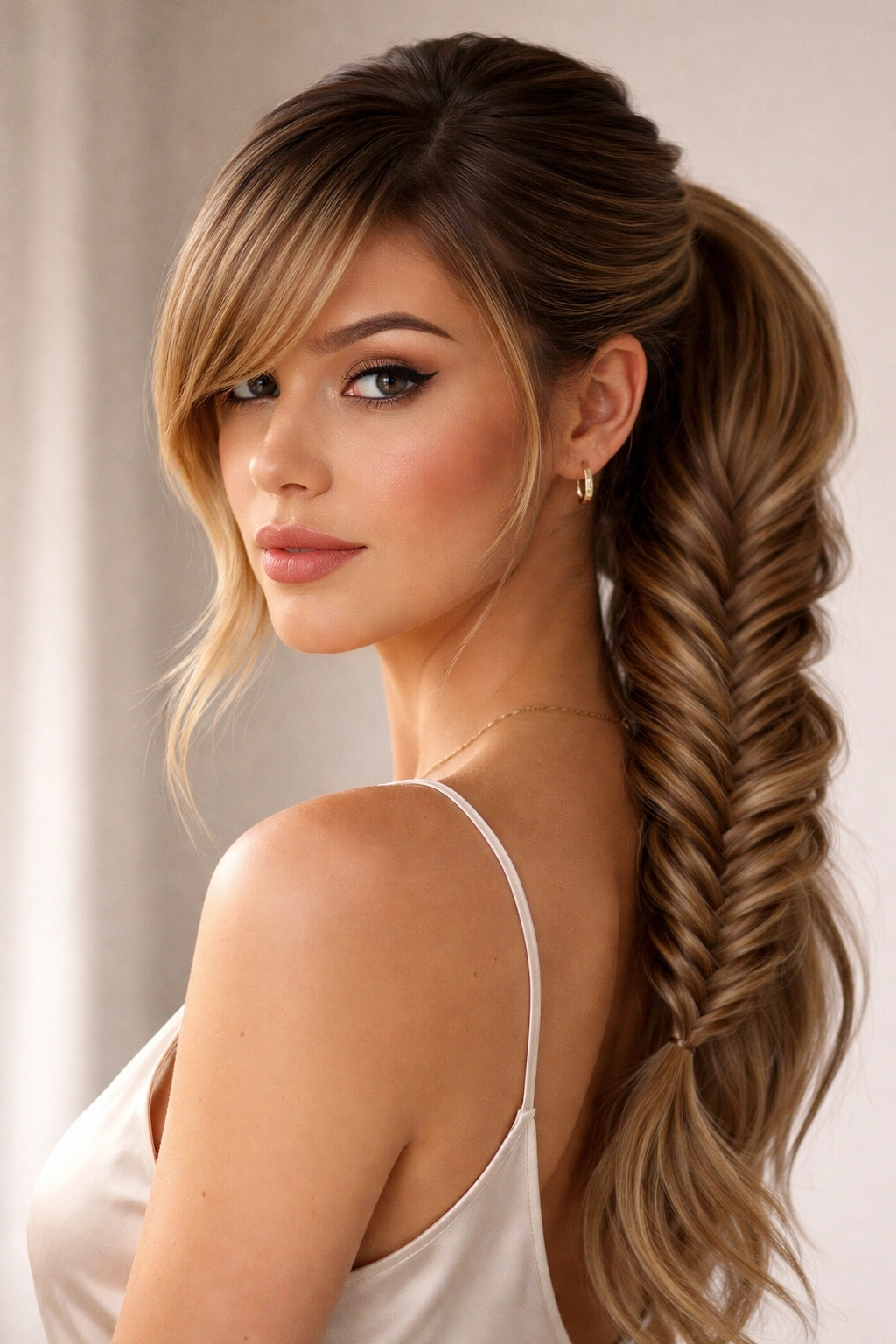 Close-up of deep-side-part fishtail ponytail with swept bangs and sleek braid.