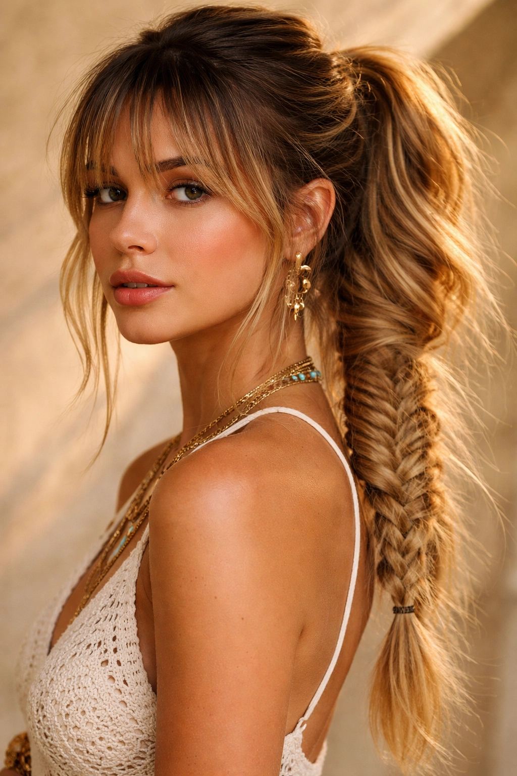 Close-up of festival fishtail ponytail with piecey bangs and textured braid.
