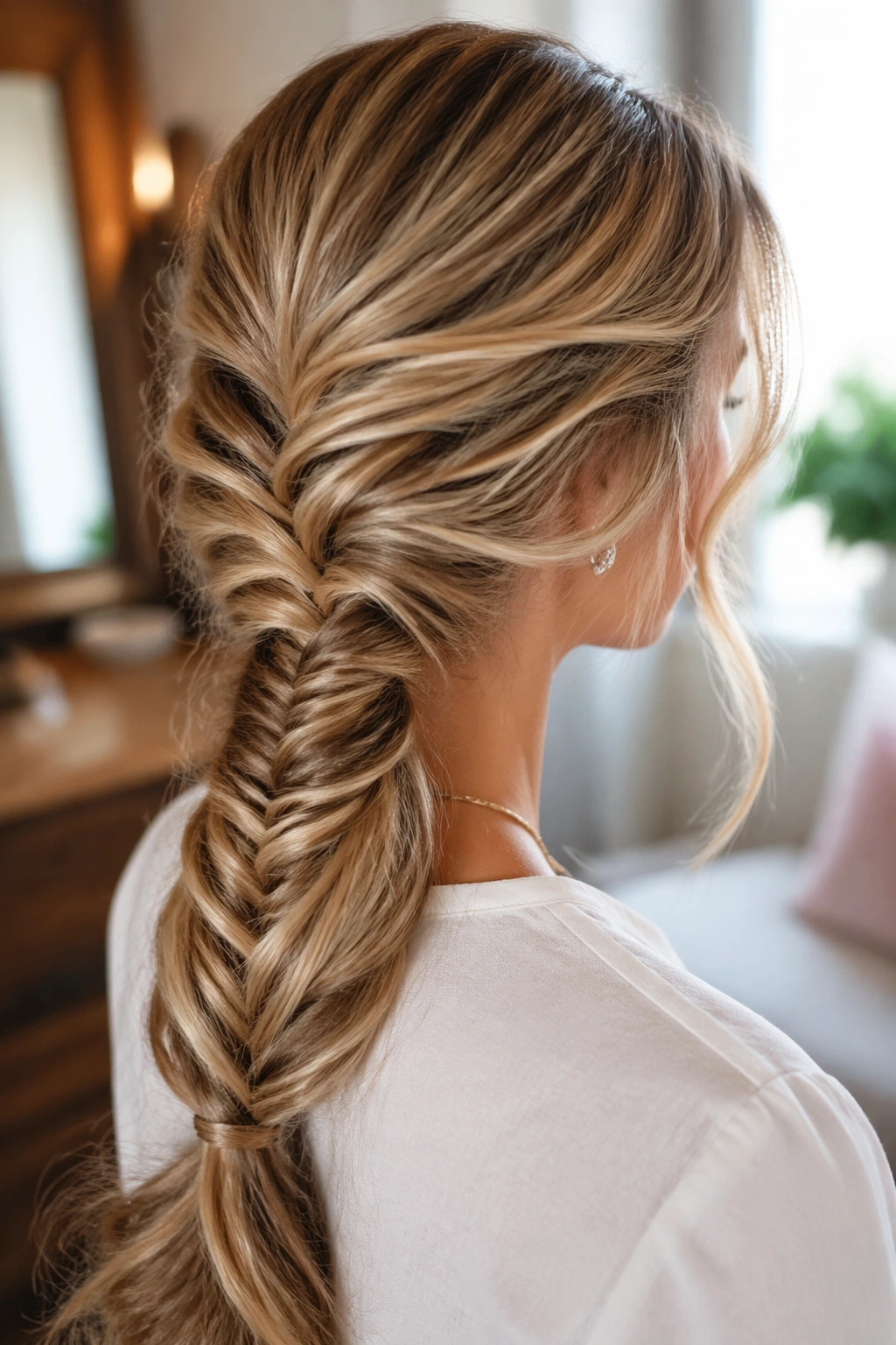 Close-up of a real woman with a fishtail-woven low ponytail showing fullness and weave texture